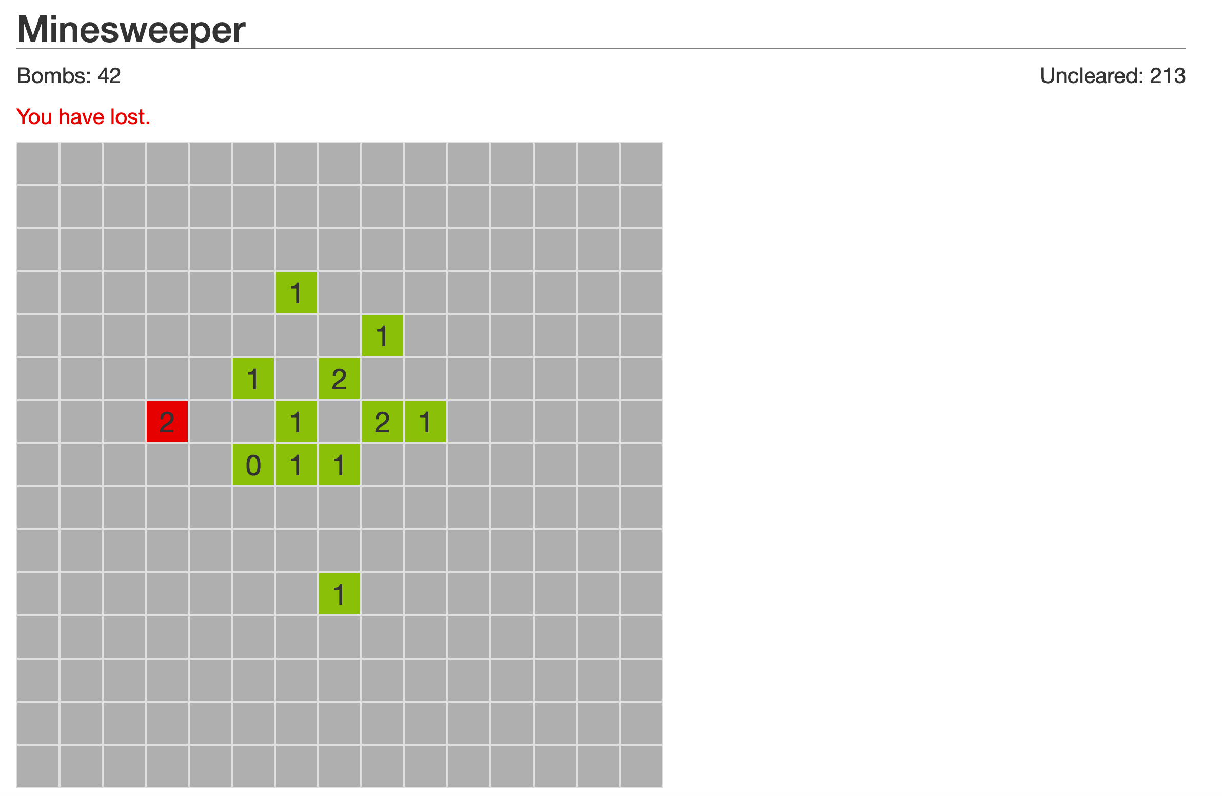 Traditional Minesweeper layout with a losing record