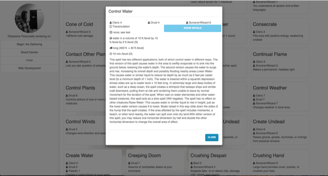 A layout of spells with a modal over it with details
